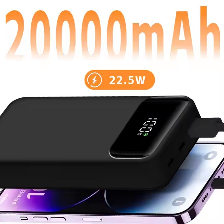 20000mAh High Capacity Power Bank With LED Display Portable Battery Charger 12V 9V 5V Fast Charging Power Bank Built in Cables-Custom Battery Packs